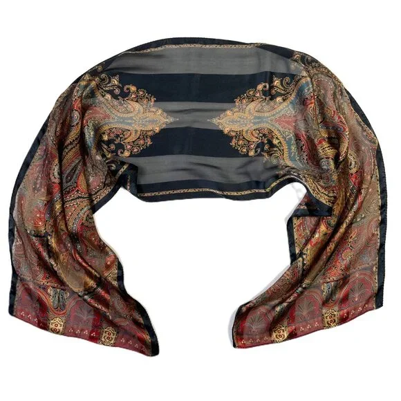 Echo Silk Scarf Paisley Oblong Rectangle 54"x11" Maroon Red Blue Taupe Black - Picture 5 of 10